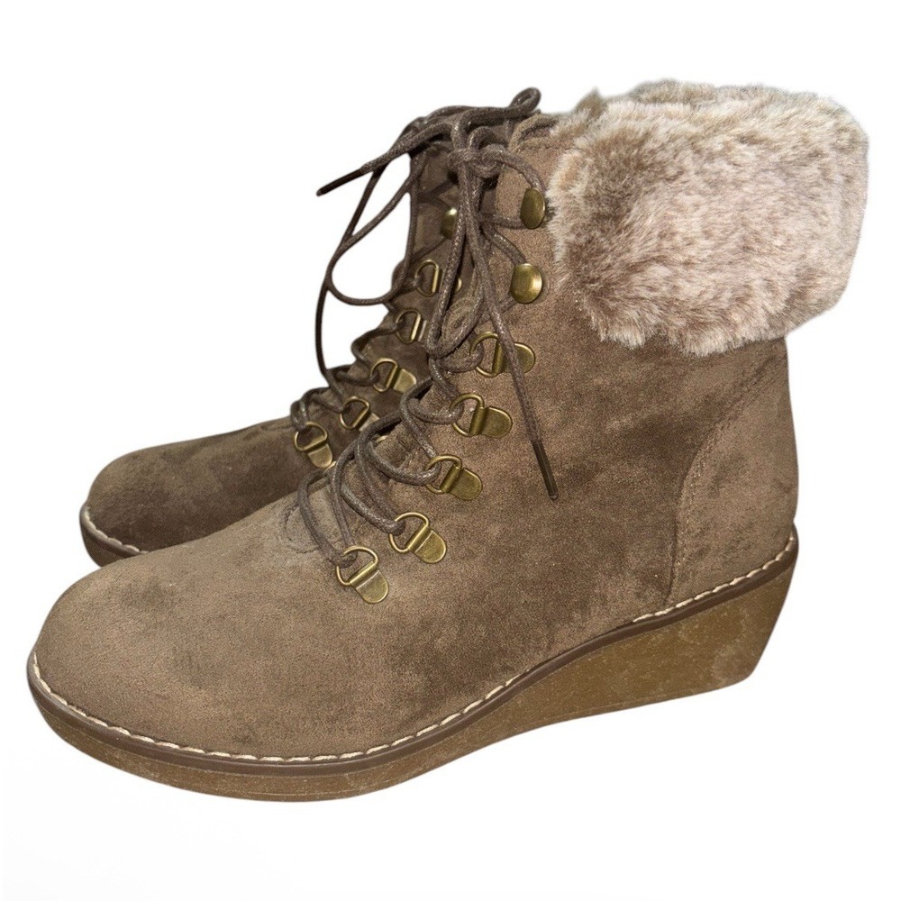 Boutique by Corky's Fox Bay Women's Boots Size 8 Chocolate Suede Wedge Faux Fur